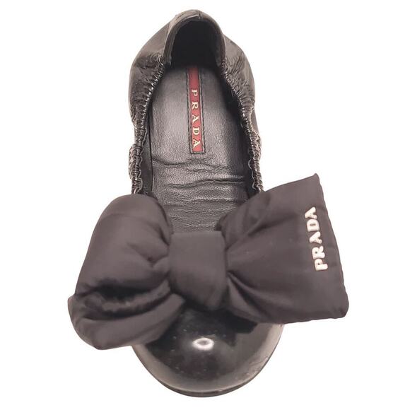 Prada Sport Black Patent Leather Nylon Bow Detail Scrunch Ballet Flat Size 36.5 - Picture 5 of 10